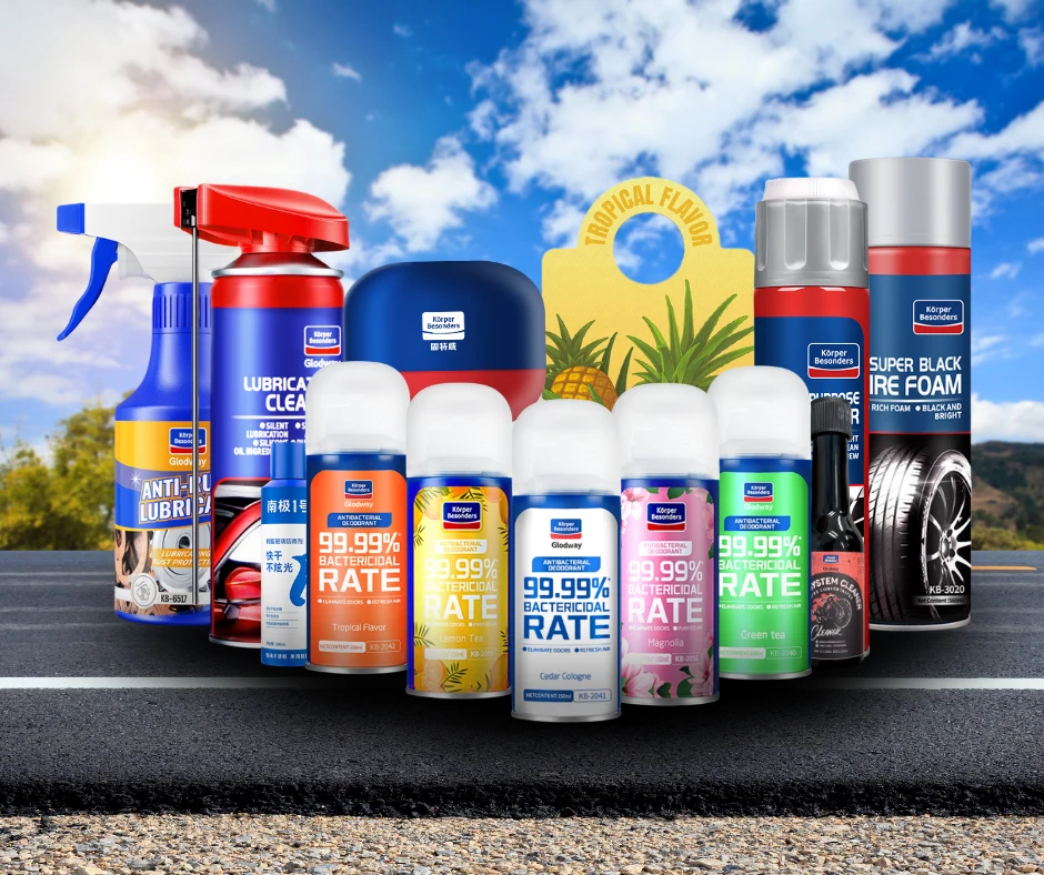 Glodway product lineup on a road background